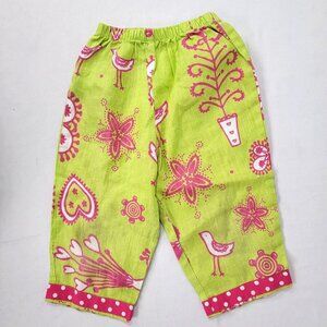 Greggy Girl Girl's LINEN Green Pink Pants Elastic Waistband Heart Bird Size 4